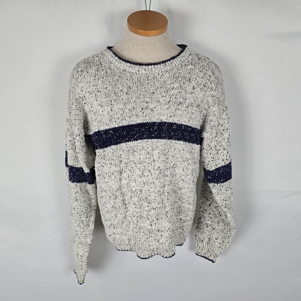 Tony Lambert Sweater Men's Large Knit Long Sleeve White Blue Stripe Cotton